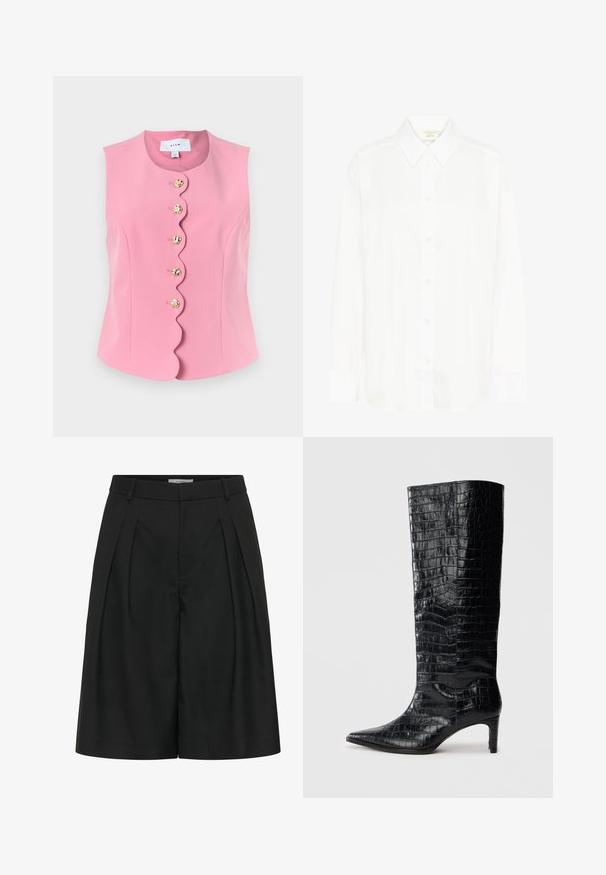 Gilet rose sans manches avec bord avant festonné et cinq boutons ronds décoratifs en or alignés au centre.; Chemise blanche à manches longues avec col classique et coupe régulière. Fabriquée en tissu lisse, avec huit boutons sur le devant.; Short noir taille haute sur mesure avec plis devant, passants de ceinture et fermeture avant dissimulée.; Bottes noires montantes, avec une texture brillante à motif crocodile, bout pointu et talon effilé. Matériau synthétique lisse.