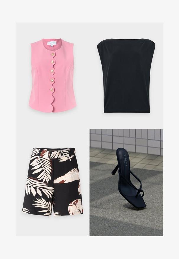 Chaleco rosa sin mangas con borde frontal festoneado y cinco botones redondos dorados decorativos en el centro.; Camiseta negra de manga corta con corte relajado, que presenta una tela suave y lisa y un escote redondo amplio. Diseño simple y minimalista.; Pantalones cortos negros con un patrón de hojas tropicales en colores beis y óxido. Presenta un cinturón a juego con herrajes dorados y un corte clásico.; Sandalia negra de tacón alto con tiras finas y puntera cuadrada, con la marca "SIMMI London", colocada sobre pavimento exterior cerca de una pared de azulejos.