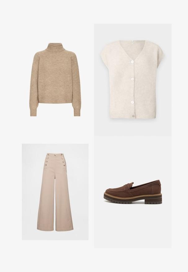 Cardigan en tricot beige à manches courtes avec décolleté en V et quatre boutons blancs sur le devant, présenté sur un fond uni.; Pull en beige col roulé en maille douce. Présente des manches raglan, un col et des poignets côtelés avec une coupe décontractée.; Pantalon beige à jambes larges avec taille haute, doté de grands boutons sur les poches avant et fabriqué dans un tissu léger et lisse.; TOMS CARA - Chaussons - dark brown