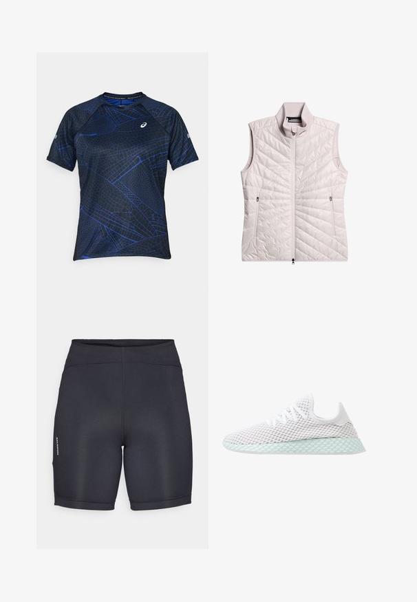 Lichtroze mouwloze vest met een hoge kraag, voorzien van een geborduurd ruitpatroon, een ritssluiting aan de voorkant en twee zijzakken. Een gladde textuur.; Korte mouw sportshirt in zwart met een blauw geometrisch patroon. Gemaakt van ademend materiaal, met een ronde hals en platte naden.; Zwarte sport shorts van een gladde, elastische stof. Heeft een hoge tailleband en logo-details aan de zijkant. Eenvoudig, gestroomlijnd ontwerp.; Witte mesh sneaker met een gestructureerd oppervlak, voorzien van een mintgroene rubberen zool met lattenwerk en traditionele vetersluiting.