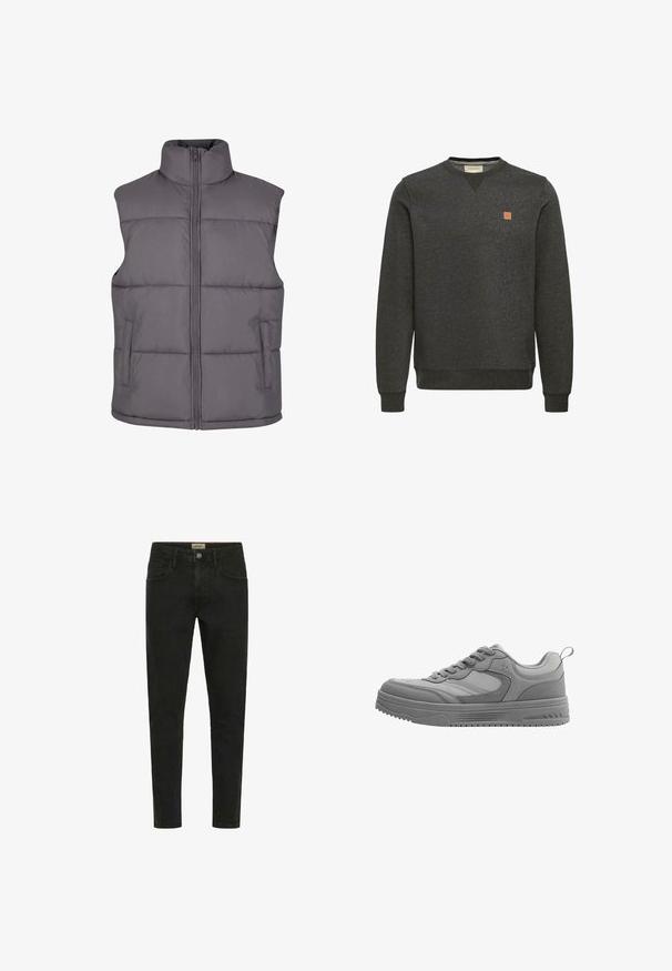 Grijze gewatteerde vest met hoge kraag en ritssluiting aan de voorkant, voorzien van horizontale stiksels en zijzakken. Glad, lichtgewicht materiaal.; Donkergrijze crewneck sweatshirt met lange mouwen, ribgebreide manchetten en zoom, en een klein bruin logo-opstrookje op de linkerborst.; Zwarte slim-fit jeans van denim, met een knoopsluiting, vijf zakken en een strakke, minimalistische uitstraling.; Grijze sportieve sneaker met veters aan de voorkant, gewatteerde zool, gevoerde kraag en een trekriempje bij de hiel, zijaanzicht tegen een witte achtergrond.