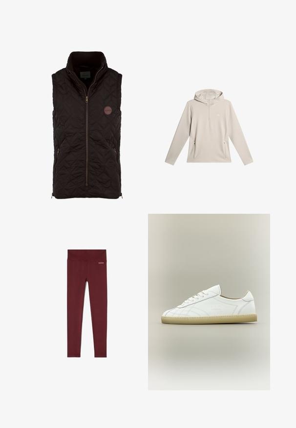 Sorte quilted vest med høj krave, lynlås foran og to sidelommer. Har et cirkulært logo-patch og struktureret diamantdesign.; Lys beige hættetrøje med halvmidte lynlås foran, to sidelommer og et diskret logo på brystet. Glat tekstur, afslappet design.; Maronfarvede ribbede leggings med en bred talje, der har struktureret stof og et lille brandlogo på hoften for ekstra detalje.; Hvid lavtop lædersneaker med beige sål, snøredesign og subtile syede mønstre på neutral baggrund.