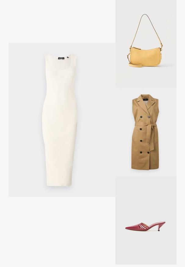 Ærmeløs, tan trenchcoat-kjole med brede revers, dobbeltradede sorte knapper, sidelommer og bælte til at binde i taljen.; Ribbede, ærmeløs midikjole i off-white med en tætsiddende silhuet. Har en scoop-udskæring og subtile buede sømdetaljer.; Røde lædermules med spids tå og lav hæl, med udskårne sideaccenter og en glat tekstur. Slankt og strømlinet design.; Gul skuldertaske i læder med buet toplynlås og tynd justerbar rem, minimalistisk design på ensfarvet baggrund.
