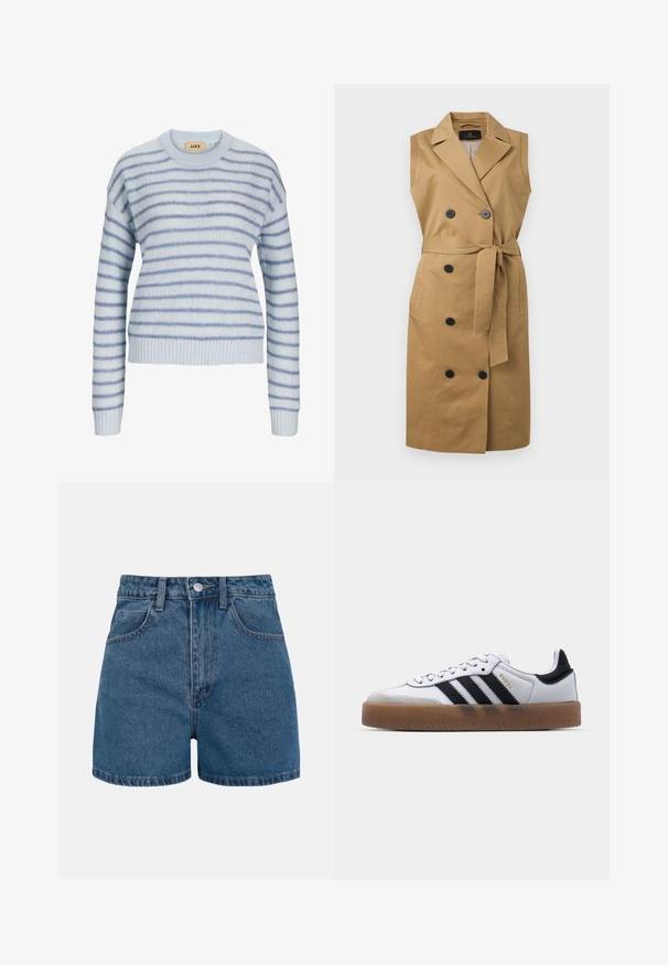 Ærmeløs, tan trenchcoat-kjole med brede revers, dobbeltradede sorte knapper, sidelommer og bælte til at binde i taljen.; Lys blå strikket sweater med vandrette striber i en mørkere blå. Har en rund halsudskæring og ribstrikkede manchetter og kant. Blød tekstur.; Blå denimshorts med høj talje, bæltestropper, knap foran, lynlås og to forlommer, vist på en hvid baggrund.; Hvide lædersneakers med sorte striber, gummirubber sål, rund tå, snørelukning og blød grå ruskinds tåhætte.
