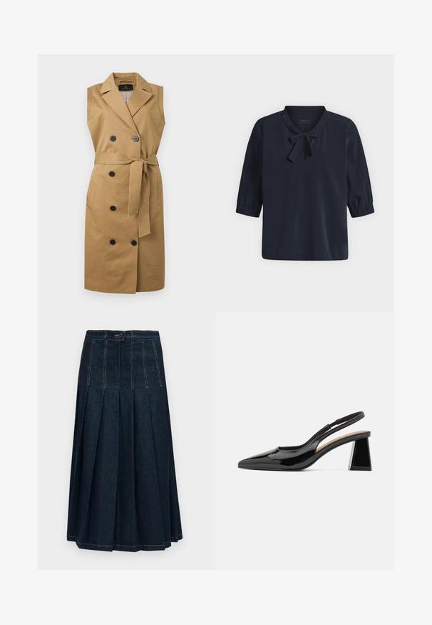 Mouwloze beige trenchcoat-jurk met brede revers, dubbelgeknoopte zwarte knopen, zijzakken en een tailleceintuur.; Navyblauwe blouse met pofmouwen tot op ellebooglengte en een klein gestrikt strikje bij de halslijn, weergegeven op een effen lichte achtergrond.; Donkerblauwe geplooide denimrok met knopen aan de voorkant en zichtbare oranje stiknaden, tot aan de knie of iets langer.; Zwarte gepatineerde slingback hakken met een spitse neus, voorzien van een unieke geometrische blokhak en een gladde textuur. Verstelbare band voor ondersteuning.
