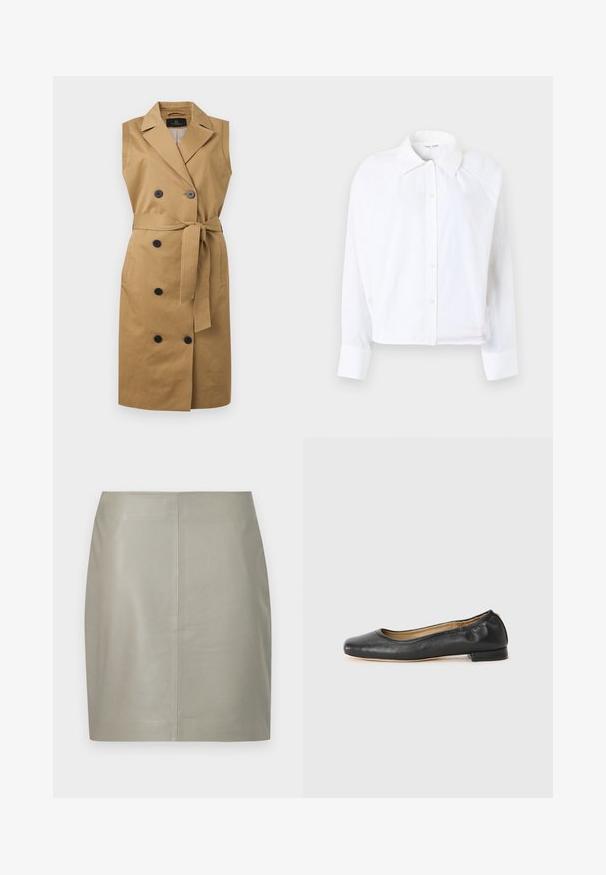 Robe manteau trench sans manches couleur beige avec larges revers, boutons noirs à double boutonnage, poches latérales et ceinture à nouer à la taille.; Chemise blanche à boutons avec col, manches longues et coupe courte. Fabriquée en tissu léger avec une texture subtile et des coutures latérales.; Jupe en cuir beige longueur genou avec une coupe droite et une couture verticale centrale, présentée sur un fond blanc.; Ballerines en cuir noir avec un bout arrondi et des coutures minimales. Talon bas et rectangulaire avec une texture lisse. Détails subtils de doublure intérieure.