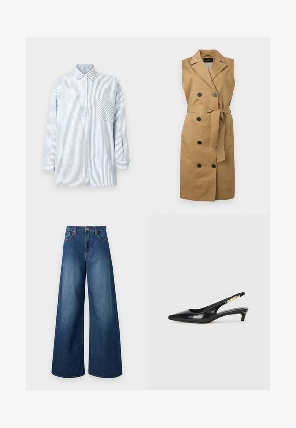 Robe manteau trench sans manches couleur beige avec larges revers, boutons noirs à double boutonnage, poches latérales et ceinture à nouer à la taille.; Chemise boutonnée à rayures verticales bleu clair et blanc, manches longues, poche poitrine, en tissu lisse, et dotée d'un col classique.; Jean en denim bleu foncé taille haute, jambes larges, cinq poches, passants pour ceinture et fermeture par bouton en cuivre.; Talons hauts en cuir noir avec un bout pointu, dotés d'un talon fin et d'un accent en ton or sur la lanière réglable. Texture lisse.