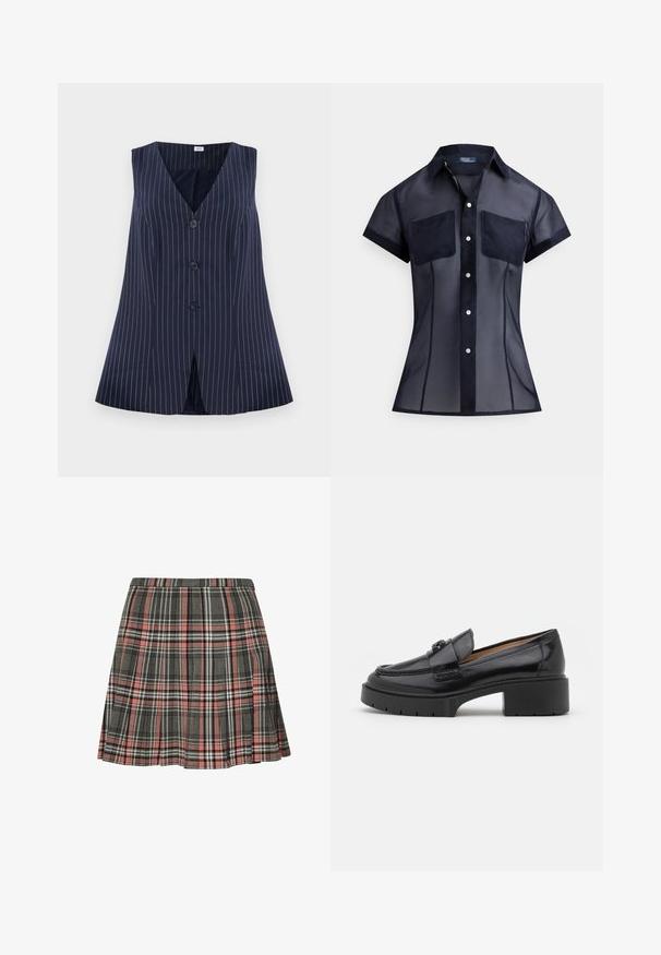 Marine vest med hvide striber, v-udskæring, fem knapper foran og en flared design med en slids i bunden.; Navyblå, kortærmet, transparent skjorte med knapper, to brystlommer og spids krave, der fremhæver en tætsiddende silhuet.; Rutnederdel i grå og pink med plisseret design og sorte og hvide accenter. Fremstillet af vævet stof, midt på låret længde.; Sorte læder loafers med en lav blokhæl, rund tå, dekorativ rem og struktureret syning på overdelen. Glat overflade.