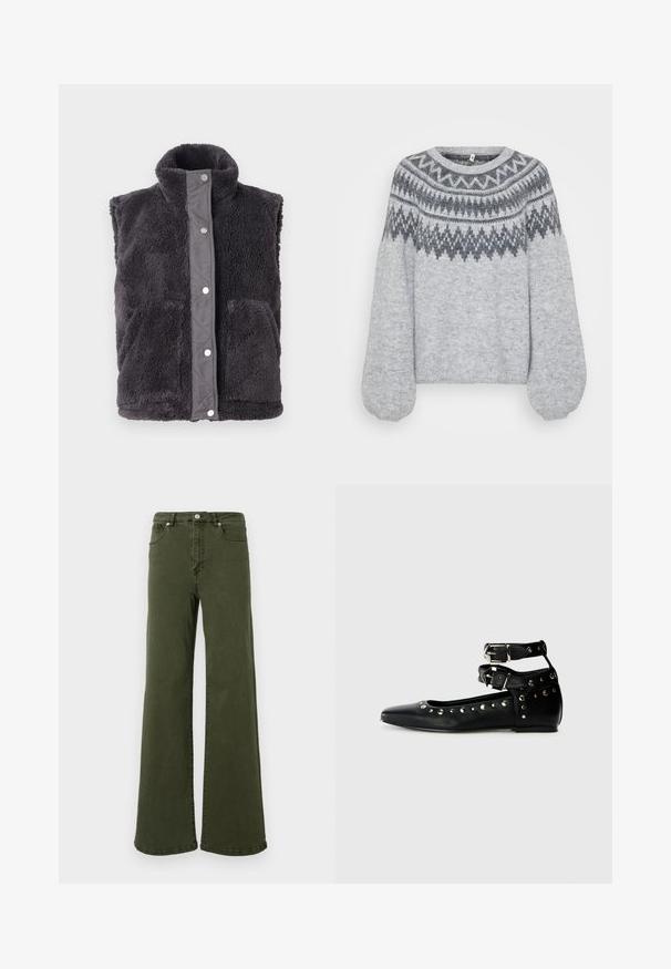 Mørkegrå fleece ærmeløs vest med høj krave og trykknaplukning, der har to frontlommer. Blødt, struktureret materiale.; Lys grå strikket sweater med rund halsudskæring, lange ballonærmer og et geometrisk mønster i mørkere nuancer langs bærestykket.; Olivengrønne flared jeans lavet af bomuld, med høj talje, fem lomme-design, metalknap og stikninger langs sømmene.; Replay SABINE DOUBLE - Ballerinasko - black