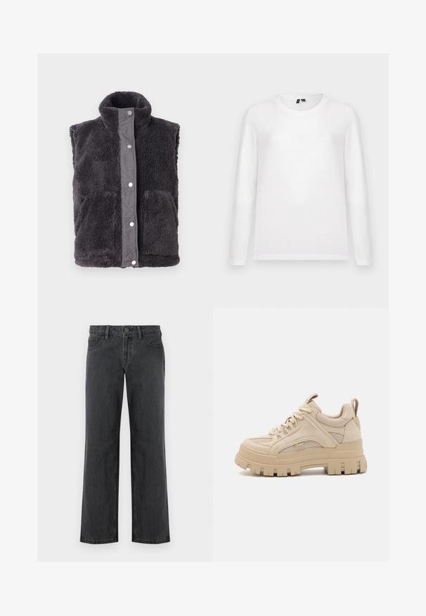 Chaleco sin mangas de felpa gris oscuro, con un cuello alto y cierre de botones a presión, que cuenta con dos bolsillos frontales. Material suave y texturizado.; Camisa blanca de manga larga con cuello redondo, colocada plana y con etiquetas de collar visibles, sobre un fondo gris claro.; Jeans de pierna ancha de color gris oscuro hechos de mezclilla, con una cinturilla estándar, cinco bolsillos y cierre de botón. Textura lisa y costuras uniformes.; Zapatillas chunky beige con una mezcla de malla y ante, con una suela gruesa y un dibujo de tacos prominente, diseño con cordones y detalle de marca.