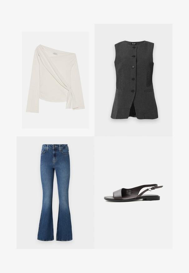 Ærmeløs vest i sort og hvidt ternet mønster med rund halsudskæring, frontknaplukning og to sidelommer. Glat stofstruktur.; Langærmet, off-shoulder top i et blødt, cremefarvet stof. Har et tvistet frontdetalje og sidelæg for en tætsiddende silhuet.; Blå flared denimjeans med høj talje, der har et standard design med fem lommer og knaplukning. Blød tekstur med lettonede detaljer.; Sort læder flad slingback sandal med åben tå og justerbar sølvspænde rem mod hvid baggrund.
