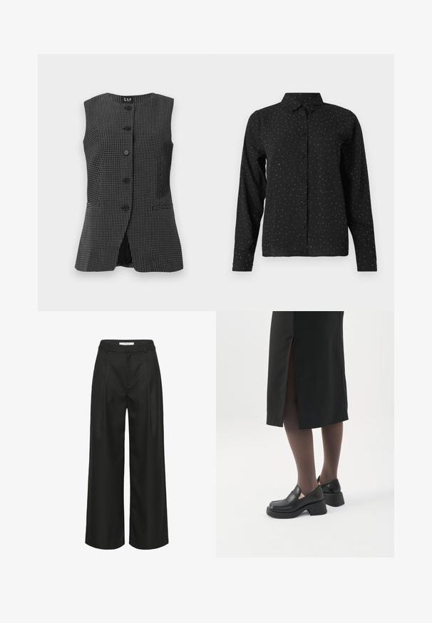 Gilet sans manches noir et blanc à carreaux avec un encolure ronde, fermeture à boutons sur le devant et deux poches latérales. Texture de tissu lisse.; Chemise noire à manches longues avec des petits pois blancs et un col classique, présentée sur un fond blanc.; Pantalon noir à jambes larges avec une coupe ajustée, doté d'une taille haute, de plis à l'avant et d'une texture de tissu lisse. Convient pour une tenue formelle.; Femme portant des mocassins noirs à talons épais, des collants noirs transparents et une jupe noire fendue à l'arrière sur fond blanc.
