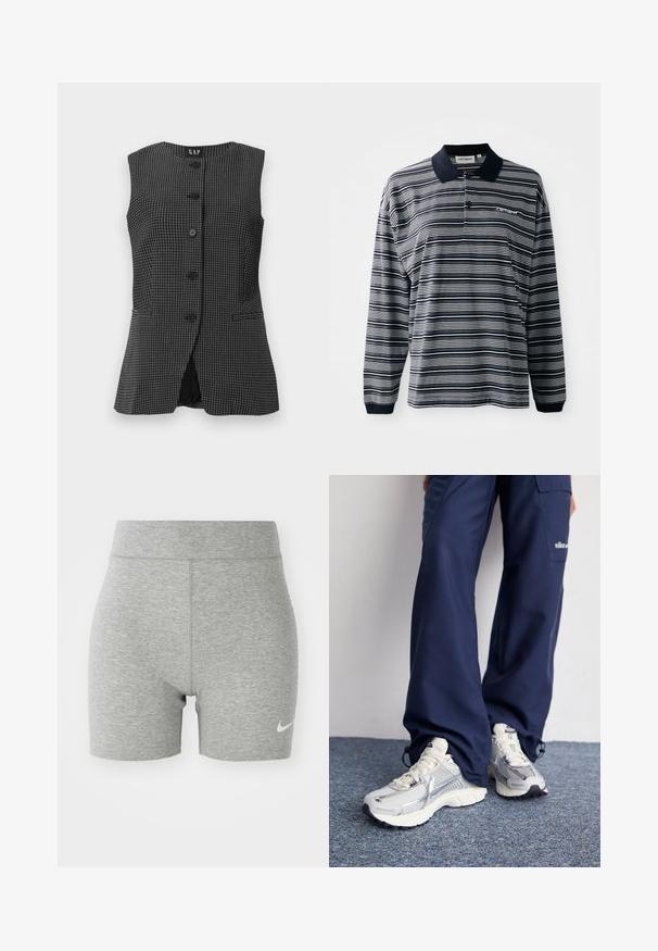 Ærmeløs vest i sort og hvidt ternet mønster med rund halsudskæring, frontknaplukning og to sidelommer. Glat stofstruktur.; Langærmet polo shirt i marineblå og hvide striber, lavet af bomuldsstof, med krave, tre-knaps placket og et lille broderet logo på brystet.; Grå atletiske shorts lavet af blødt stof, med høj talje og et lille hvidt Nike-logo på nederste venstre side.; Nike sportssko med en sølvfarvet mesh-overdel, hvide detaljer og strukturerede såler, parret med løstsiddende navy bukser.