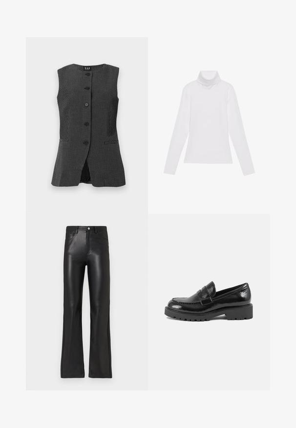Mouwloze zwart-witte geruite vest met een ronde halslijn, frontale knoopsluiting en twee zijzakken. Gladde stoftextuur.; Witte lange mouw turtleneck top gemaakt van glad, elastisch materiaal. Voorzien van een hoge kraag en een getailleerd ontwerp, zonder zichtbare patronen of versieringen.; Zwarte neplederen broek met een rechte pasvorm, voorzien van een voorrits, knoopsluiting en zijzakken. Gladde, glanzende textuur.; Zwarte laarsjes van patentaal leer met een gestructureerde neus, een decoratieve band over de wreef en een dikke, robuuste zool. Gladde, glanzende afwerking.