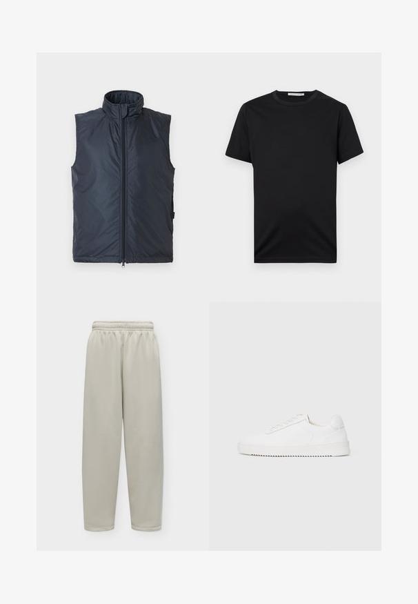 Doudoune sans manches de couleur bleu marine foncé, avec un col montant, une fermeture éclair sur le devant et une texture lisse et brillante. Conception sans manches idéale pour superposer.; T-shirt noir à manches courtes avec col rond, design uni, étiquette « Tiger of Sweden » à l'intérieur du col.; Pantalon ample beige clair avec taille élastique et jambes droites, présenté sur un fond uni clair.; Sneaker blanc avec une tige en cuir lisse, bout rond, lacets, accents latéraux texturés et une épaisse semelle en caoutchouc. Design minimaliste.