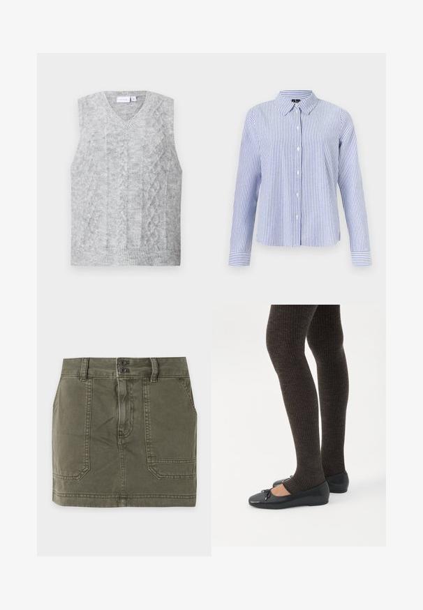 Pull sans manches gris avec un col en V, présentant un motif en tricot à torsades. Texture douce et ourlet côtelé. Design minimaliste sans embellissements.; Chemise à manches longues boutonnée, avec des rayures verticales blanches et bleu clair et un col pointu, présentée sur un fond uni.; Mini-jupe en denim vert olive avec deux poches avant, passants de ceinture et fermeture à double bouton à la taille.; Jambes portant des leggings côtelés foncés associés à des ballerines noires avec de petits détails en nœud sur fond blanc.
