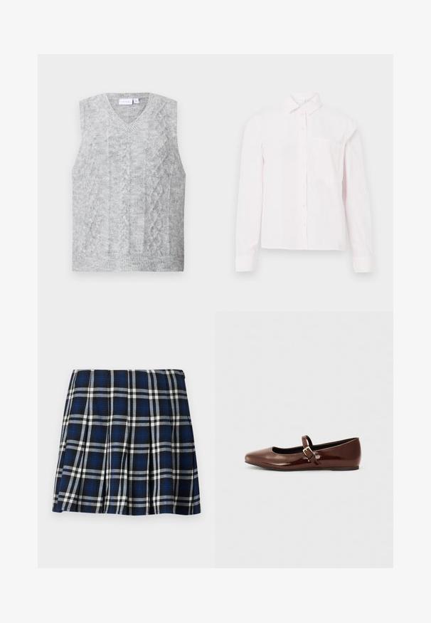 Suéter gris sin mangas con escote en V, que presenta un patrón de punto trenzado. Textura suave y dobladillo acanalado. Diseño minimalista sin adornos.; Camisa de botonera de manga larga color rosa claro, con cuello y un bolsillo en el pecho, presentada sobre un fondo blanco.; Falda corta de cuadros en colores azul marino, negro y blanco. Con pliegues y una textura suave. Cierre de cremallera en el lateral.; Bailarina de charol marrón con punta cuadrada y tira que presenta una pequeña hebilla dorada. Textura suave, tacón bajo y diseño minimalista.