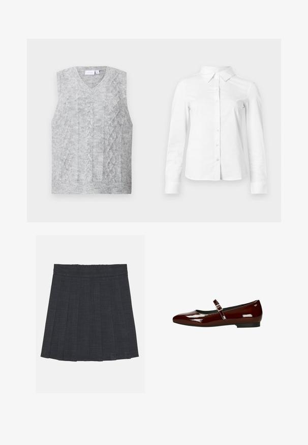 Grijze mouwloze trui met een v-hals, met een kabelbrei patroon. Zachte textuur en ribbelzoom. Minimalistisch ontwerp zonder versieringen.; Witte blouse met lange mouwen en knopen, met puntige kraag, rechte zoom en aansluitende silhouet, weergegeven op een effen lichte achtergrond.; Donkergrijze plisséstofrok met een elastische tailleband, gekenmerkt door een gestructureerde stof en een klassieke A-lijnsilhouet. Geschikt voor casual gebruik.; Bordeaux lakleren ballerina's met een lage hak, vierkante neus en verstelbare band met een goudkleurige gespsluiting.