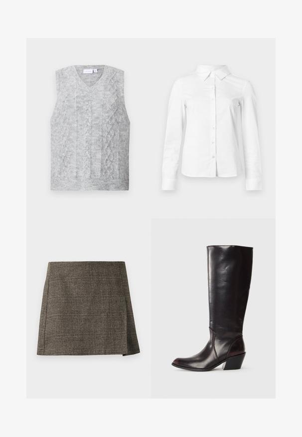Grijze mouwloze trui met een v-hals, met een kabelbrei patroon. Zachte textuur en ribbelzoom. Minimalistisch ontwerp zonder versieringen.; Witte blouse met lange mouwen en knopen, met puntige kraag, rechte zoom en aansluitende silhouet, weergegeven op een effen lichte achtergrond.; Bruine en grijze geruite minirok met een subtiele zijsluiting, rechte snit en textielstof.; Knielange, donkerbruine leren laars met een spitse neus, hoekige blokhak en een gladde, glanzende textuur. Heeft een strak ontwerp en stikdetails.