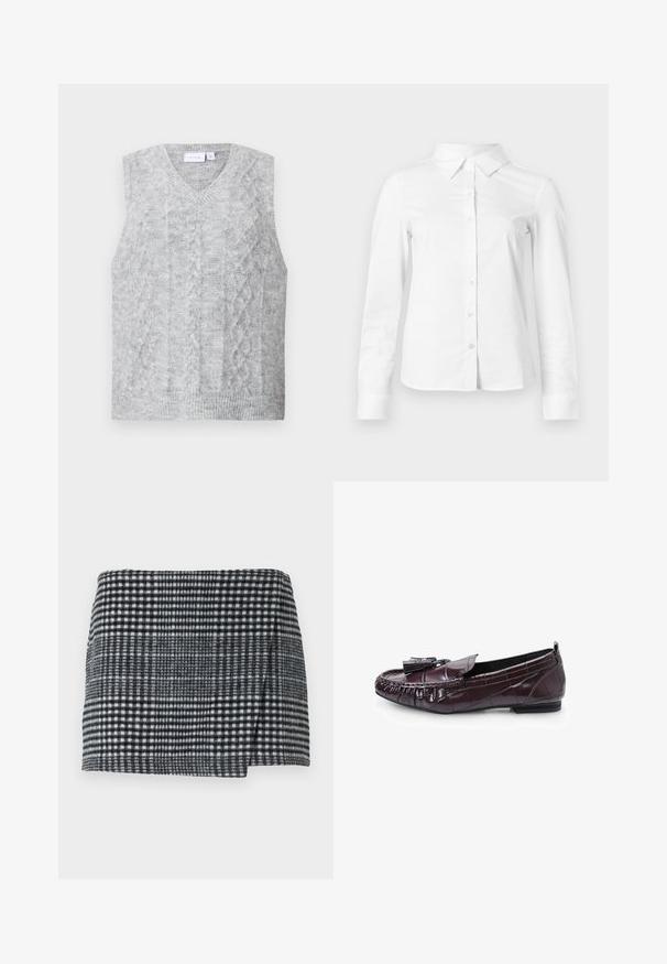 Suéter gris sin mangas con escote en V, que presenta un patrón de punto trenzado. Textura suave y dobladillo acanalado. Diseño minimalista sin adornos.; Camisa blanca de manga larga con botones, cuello puntiagudo, bajo recto y silueta ajustada, presentada sobre un fondo claro y liso.; Min falda de lana con un patrón de Pied de Poule en blanco y negro, corte recto con un dobladillo ligeramente asimétrico y tejido texturizado.; Mocasines de cuero burdeos con un acabado texturizado, que presentan un detalle de lazo, costuras y un tacón bajo.