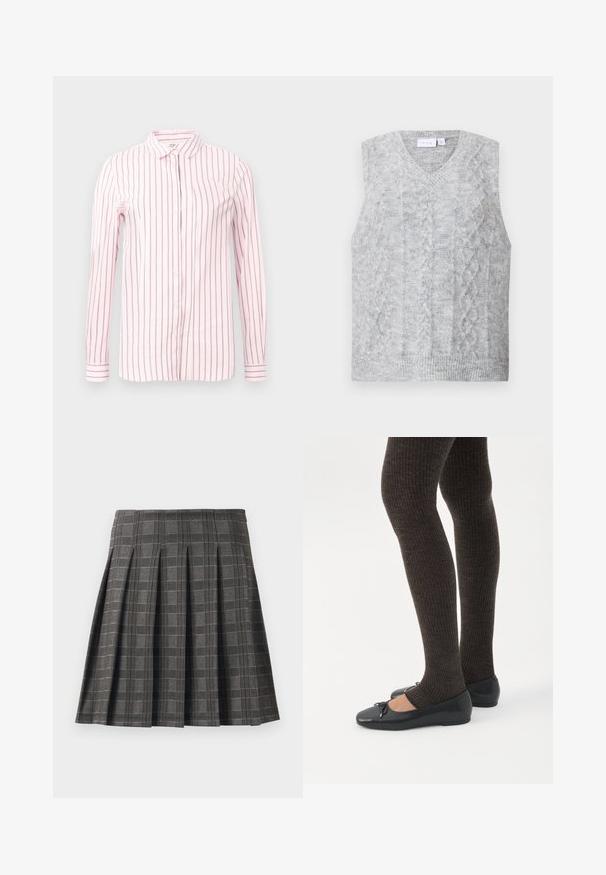 Grauer ärmelloser Pullover mit V-Ausschnitt, der ein Kabelstrickmuster aufweist. Weiche Textur und gerippter Saum. Minimalistisches Design ohne Verzierungen.; Helles pinkes Hemd mit vertikalen kastanienbraunen Streifen, langen Ärmeln, Knopfverschluss vorne und klassischem Kragen. Glattes Material und taillierte Passform.; Faltenrock in einem grauen Karomuster, aus einem strukturierten Stoff gefertigt. Verfügt über vertikale Falten und einen geraden Saum.; Beine in dunklen, gerippten Leggings kombiniert mit schwarzen Ballerinas mit kleinen Schleifendetails auf weißem Hintergrund.