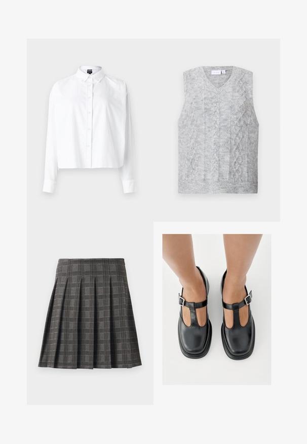 Pull sans manches gris avec un col en V, présentant un motif en tricot à torsades. Texture douce et ourlet côtelé. Design minimaliste sans embellissements.; Chemise blanche en coton coupée au niveau du ventre avec un col classique, des manches longues et un tissu en coton doux. Présente une fermeture à boutons sur le devant et des manches à revers.; Jupe plissée à motif écossais gris, fabriquée à partir d'un tissu texturé. Elle présente des plis verticaux et un ourlet droit.; Chaussures en cuir noir avec un design à bride en T, bout fermé et accents de boucles argentées. Texture lisse avec un bout arrondi et une semelle plate.