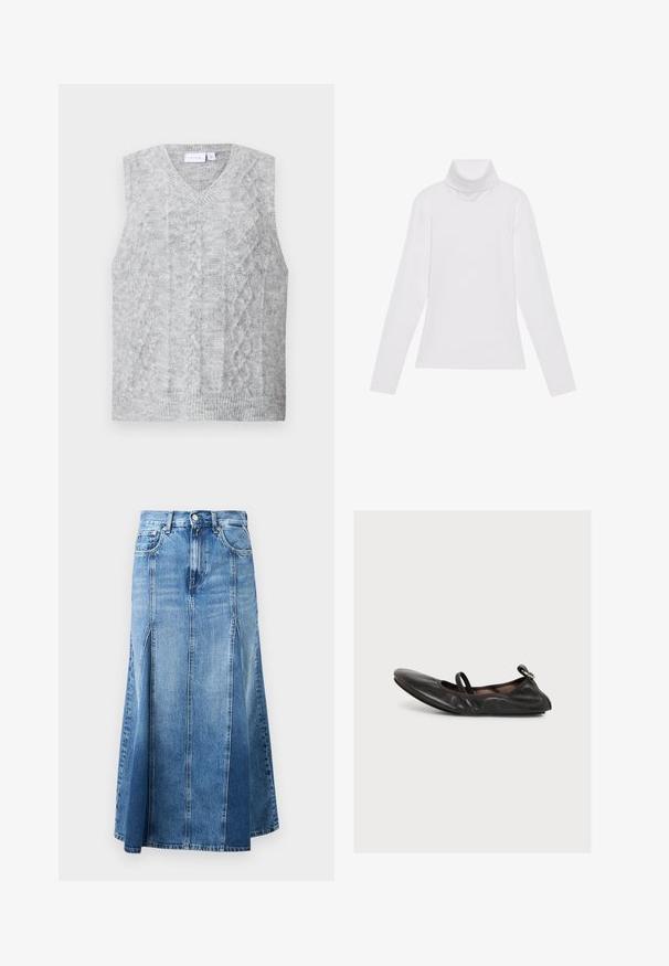 Grå ærmeløs sweater med v-hals, der har et kabelstrikket mønster. Blød tekstur og ribbet nederkant. Minimalistisk design uden udsmykning.; Hvid langærmet turtle-neck top lavet af glat, strækbart stof. Har en høj krave og tætsiddende design, uden synlige mønstre eller udsmykninger.; Denim nederdel med en lys til mørk blå gradient, knælængde, med lige snit, frontslids og klassisk knap- og lynlås-lukning.; Sort læder flad sko med rund tå, elastisk strop over toppen og lille spænde detalje på hælen, vist i sidevisning på hvid baggrund.