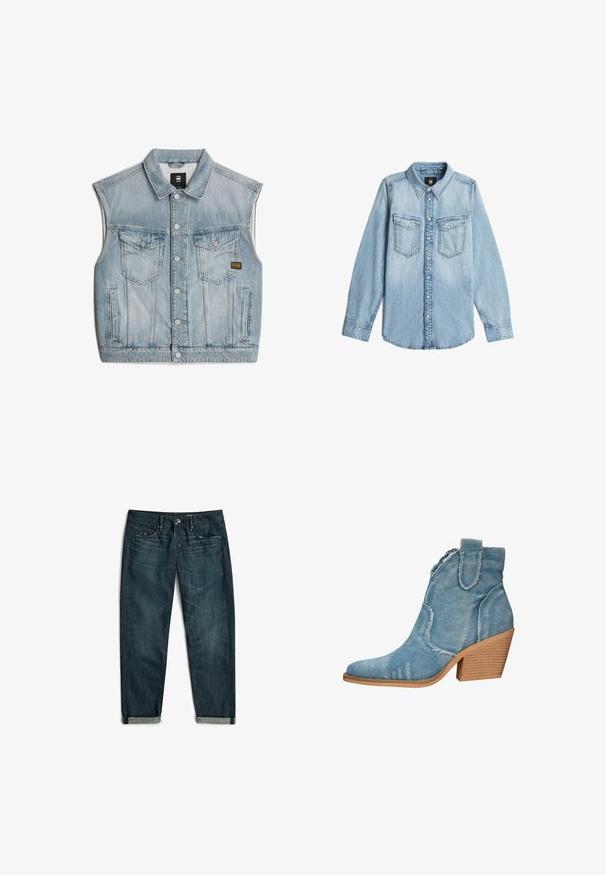 Leren spijkerjasje in lichtblauw met een klassieke kraag, twee borstzakken, een sluiting met knopen aan de voorkant en minimale stikseldetails.; Lichtblauwe denim overhemd met lange mouwen, kraag, knoopsluiting aan de voorkant en twee borstzakken met knoopflappen.; Donkerblauwe opgerolde spijkerbroek met voorzakken, riemlussen en knoopsluiting, platliggend op een witte achtergrond.; Blauwe spijkerdenim enkellaarsjes met een spitse neus, verouderde textuur en een gestapelde houten hak. Voorzien van zijlussen voor makkelijk aan- en uittrekken.
