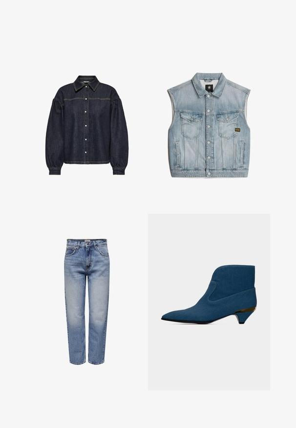 Leren spijkerjasje in lichtblauw met een klassieke kraag, twee borstzakken, een sluiting met knopen aan de voorkant en minimale stikseldetails.; Donkerblauwe denim shirt met poffende lange mouwen, knopen aan de voorkant, en contrasterende gele stiksels op de borst en de mouwnaden.; Lichtblauwe denim jeans met een relaxte pasvorm, vijf zakken, knoopsluiting en vervaagde delen voor een vintage uitstraling. Rechte pijpen.; Blauwe enkellaars met een puntige neus, een lage kittenhiel met een gouden accent en een glad, naadloos ontwerp.
