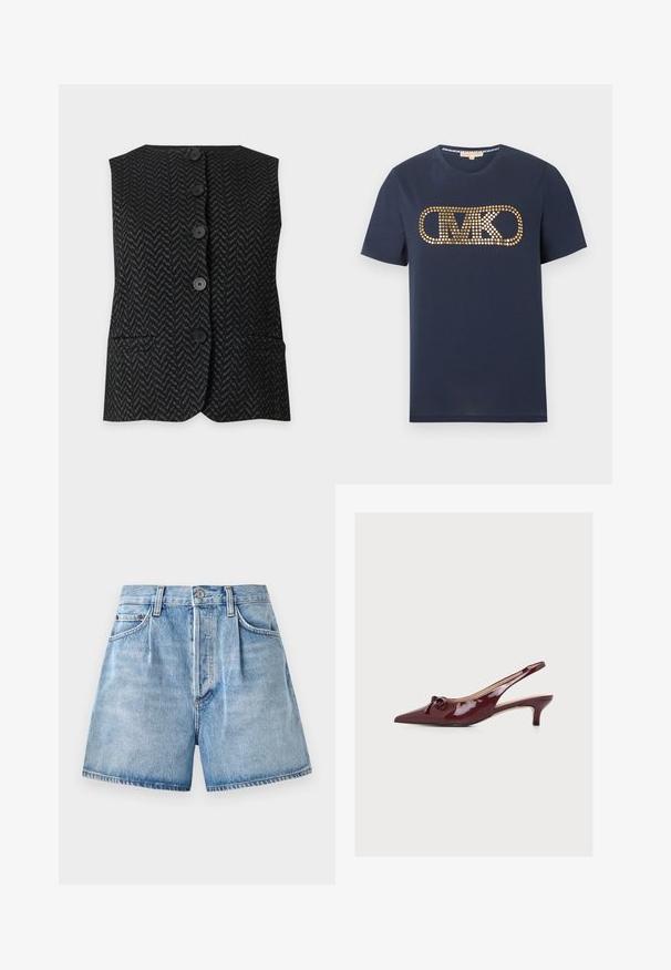 Sort og mørkegrå ærmeløs knappet vest med zigzag mønster og to forlommer på ensfarvet baggrund.; Marineblå kortærmet t-shirt med rund hals og gyldent prikket "MK"-logo centreret på brystet.; Lysblå denimshorts med høj talje, der har knap- og lynlås-lukning, forlommer og en rå kant.; Burgunderrød laklæder slingback kitten heel sko med spids tå og dekorativ sløjfe foran.