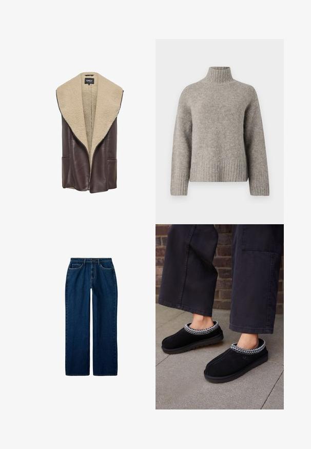 Gilet en cuir marron avec un large col en shearling beige doux. Présente une ouverture à l'avant et deux poches latérales. Texture lisse et design contemporain.; Pull à col roulé gris clair en tissu doux et texturé. Il présente des poignets et un ourlet côtelés, avec une coupe décontractée et un design minimaliste.; Des jeans en denim bleu foncé présentent une coupe droite, un style à cinq poches et une fermeture à bouton, avec des accents de couture subtils.; UGG TASMAN - Chaussons - black