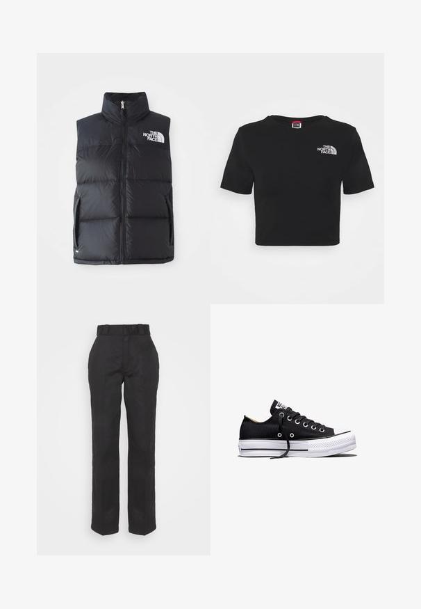 Chaleco acolchado negro con cuello alto, cremallera frontal y bolsillos laterales. Presenta el logo en la parte superior izquierda. Textura suave, diseño aislante.; Camiseta negra corta de algodón, con cuello redondo y mangas cortas. El logo de la marca está bordado en blanco en el pecho.; Pantalones negros con una textura suave, diseño de pierna recta y cintura con cinturón. Presenta una silueta simple y clásica sin patrones adicionales.; Zapatilla deportiva negra de lona de corte bajo con suela plataforma de goma blanca, cordones negros y ojales de metal sobre fondo blanco.