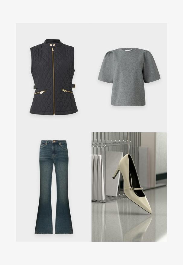 Veste sans manches noire matelassée avec fermeture éclair avant dorée, deux poches zippées, col montant et sangles latérales ajustables avec boucles dorées.; Haut gris à manches courtes en tissu doux, avec un col rond et des manches légèrement bouffantes pour ajouter du volume. Texture lisse sans motifs.; Jean flare en denim bleu foncé avec un léger décoloré subtil, taille standard et un design classique à cinq poches. Accents en métal cuivré.; Chaussure à talon haut couleur crème avec une fine bride, posée sur un sol réfléchissant à proximité d'un organiseur de dossiers métallique contenant des papiers.
