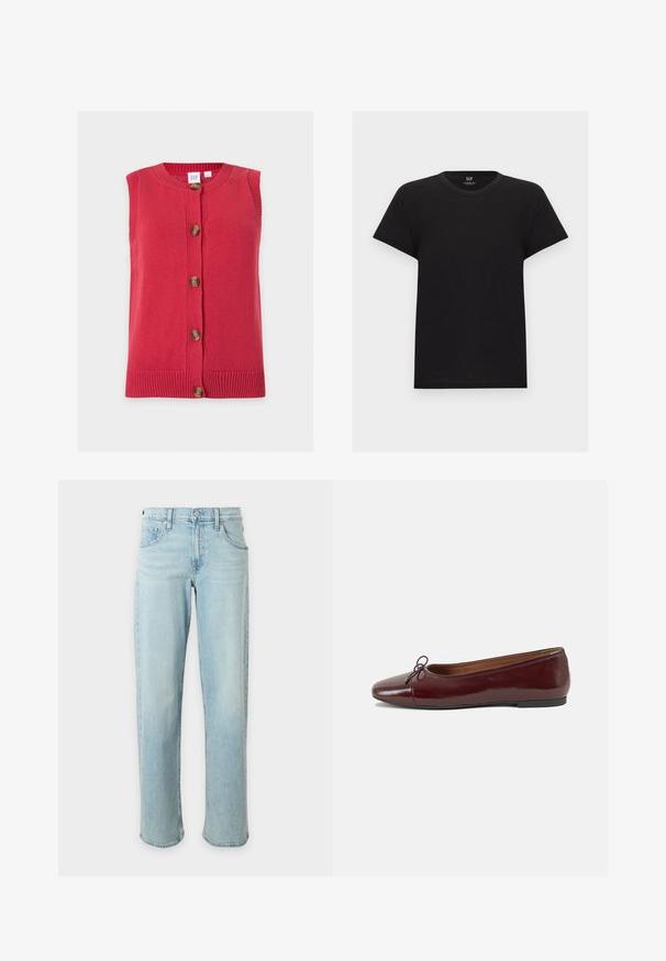 Cardigan rouge sans manches en tricot avec col rond et boutons marron sur le devant, plié à plat sur fond blanc.; T-shirt noir en coton à manches courtes avec col rond, vue de face, design uni, étiquette de la marque GAP à l'intérieur du col.; Jean bleu clair à jambes droites avec poches avant et ceinture boutonnée sur fond blanc uni.; Ballerines en cuir verni bordeaux avec un bout rond, un petit nœud décoratif à l'avant et une semelle en caoutchouc noire basse. Texture lisse.