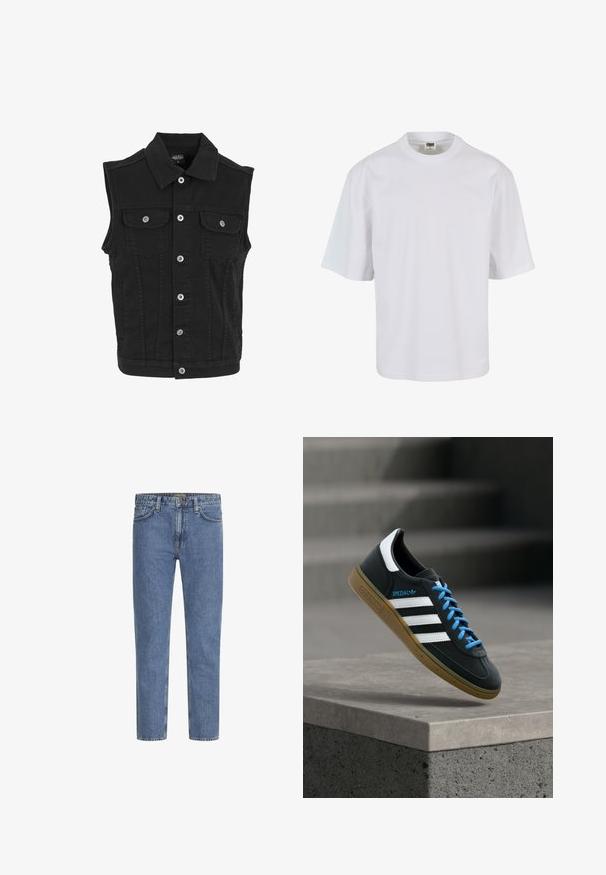 Sort ærmeløs denimvest med krave, knaplukning foran og to brystlommer med knapper.; Hvid, kortærmet t-shirt lavet af bomuld. Har rund halsudskæring og løs pasform med en glat tekstur og ingen synlige mønstre eller grafik.; Lyseblå denimjeans med lige ben, fem lommer og kontrastsyede syninger. Let falmet for et slidt look. Kraftig metal knap.; Sort Adidas sneaker med hvide striber, blå snørebånd og gummisål, der svæver over gråt betontrin i blødt lys.