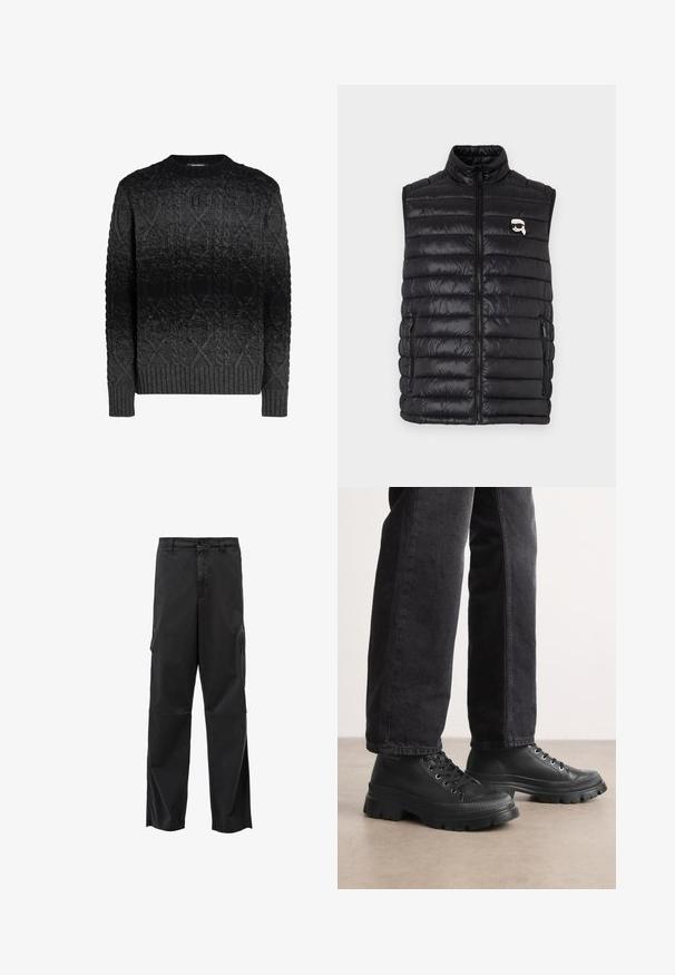 Sort polstret vest med høj krave, frontlynlås, to sidelommer og et lille logo på brystet. Glat, let materiale.; Sort strikket sweater med rund halsudskæring, der har et struktureret kabelstrik mønster, ribbede manchetter og kant, som gradvist mørkner fra mørkegrå til sort.; Sorte cargo bukser med lige skæring, knaplukning og sidelommer. Glat stof med mat finish og uden synlige mønstre.; Sorte snørebåndssko med en chunky, struktureret sål og glat overdel. Har metaløjer og en ribbet detalje rundt om tåen.