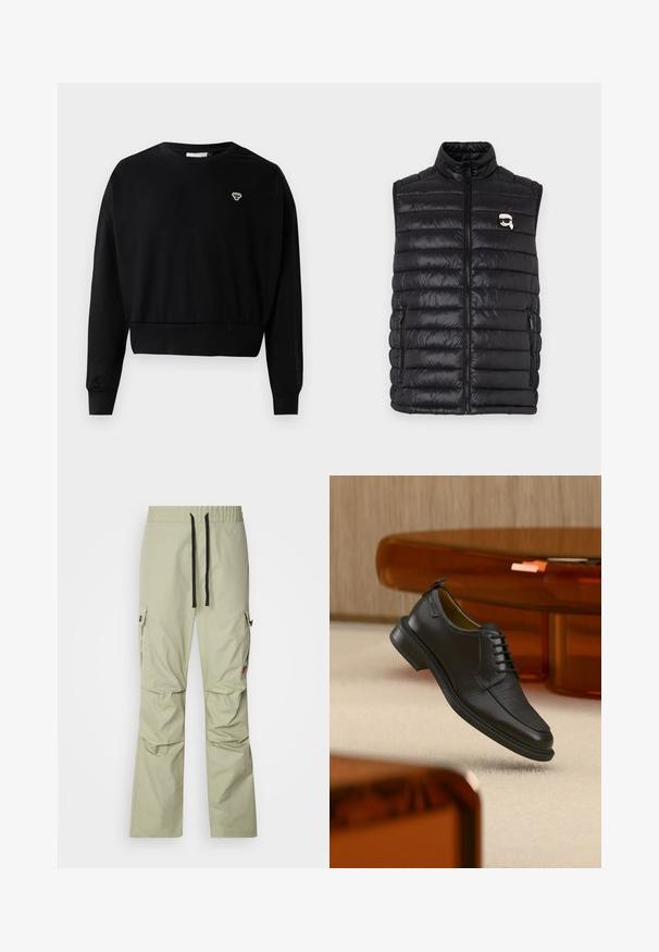 Zwarte gewatteerde vest met hoge halslijn, voorkant met ritssluiting, twee zijzakken en een klein logo op de borst. Gladde, lichtgewicht stof.; Zwarte cropped sweatshirt met een ronde nek, lange mouwen en een klein geborduurd logo op de borst, gemaakt van een zachte katoenmix.; Lichtgroene cargobroek met een relaxte fit, elastische tailleband, zwarte trekkoord, twee zijzakken en subtiele stikseldetails.; Zwarte leren veterschoen in de stijl van een nette schoen met een gestructureerd vooraanzicht, zwevend boven een beige tapijt in een moderne kamer met amberkleurige meubelen.
