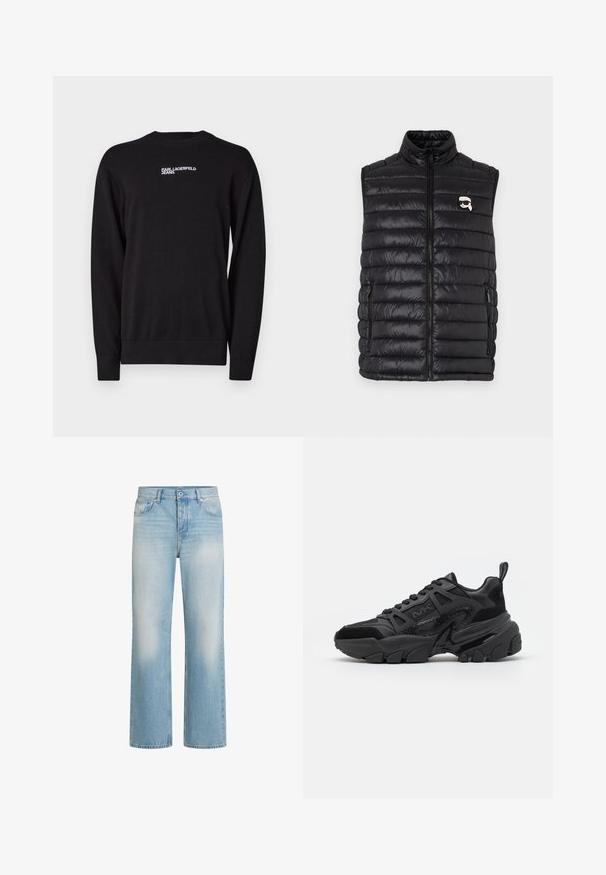 Schwarze gepolsterte Weste mit hohem Kragen, durchgehendem Reißverschluss, zwei Seitenfächern und einem kleinen Logo auf der Brust. Glattes, leichtes Material.; Schwarzer Strickpullover mit Rundhalsausschnitt, gerippten Bündchen und Saum, sowie einem weißen "KARL LAGERFELD JEANS" Logo auf der oberen Vorderseite.; Hellblaue Denim-Jeans mit geradem Bein, Waschungseffekten, fünf Taschen, Knopfverschluss und Gürtelschlaufen am Bund.; Schwarze Sneakers mit einer Kombination aus glatten und strukturierten Materialien, einer klobigen Sohle, Schnürdesign und markanten seitlichen Akzenten.