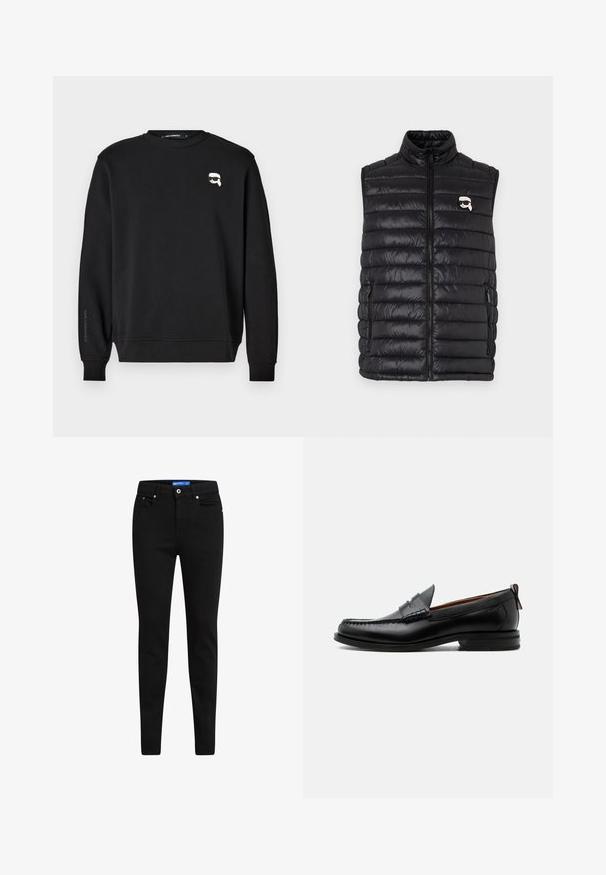 Zwarte gewatteerde vest met hoge halslijn, voorkant met ritssluiting, twee zijzakken en een klein logo op de borst. Gladde, lichtgewicht stof.; Zwarte sweatshirt met ronde halslijn, ribgebreide manchetten en zoom. Heeft een kleine grafische afbeelding op de borst en de merknaam gedrukt op de mouw.; Zwarte skinny jeans van denim, met een vijf-pocket ontwerp, knoopsluiting en contrasterend blauw label op de tailleband.; Zwarte leren herensloffen met moc toe stiksel, pennyriem, gestructureerde kraag en lage gestapelde hak op witte achtergrond.