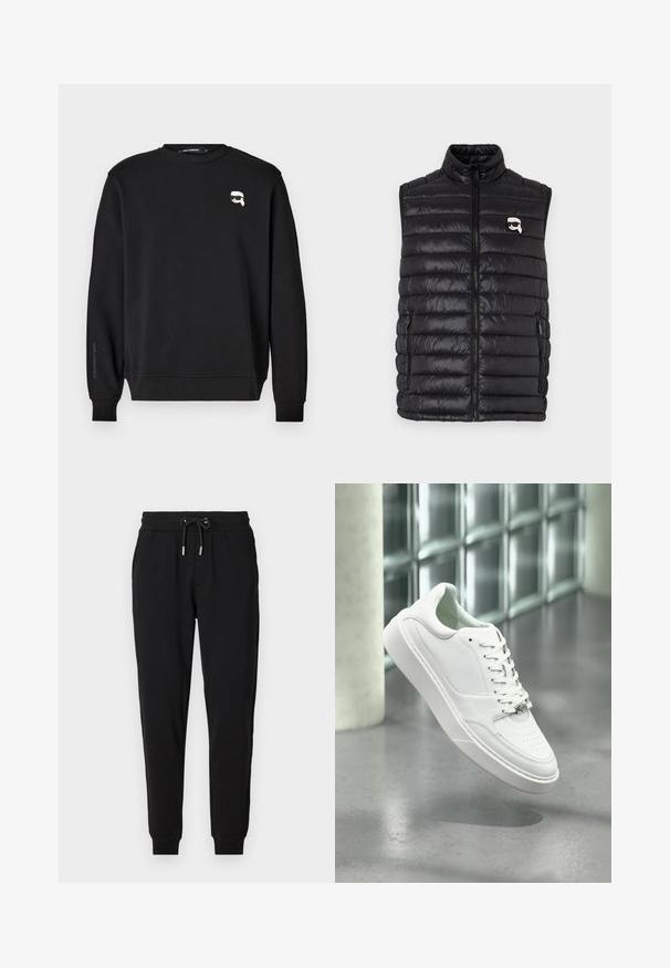 Schwarze gepolsterte Weste mit hohem Kragen, durchgehendem Reißverschluss, zwei Seitenfächern und einem kleinen Logo auf der Brust. Glattes, leichtes Material.; Schwarzes Sweatshirt mit Rundhalsausschnitt, gerippten Bündchen und Saum. Verfügt über eine kleine Grafik auf der Brust und den Markennamen, der auf dem Ärmel gedruckt ist.; Schwarze Sweatpants mit elastischem Bund, verstellbarem Kordelzug, Seitentaschen und schmal zulaufenden Beinen. Hergestellt aus weichem, dehnbarem Stoff.; Weißer Ledersneaker mit abgerundeter Spitze, Schnürverschluss und flacher Gummisohle. Verfügt über perforierte Details und dezentes Logo-Akzent.