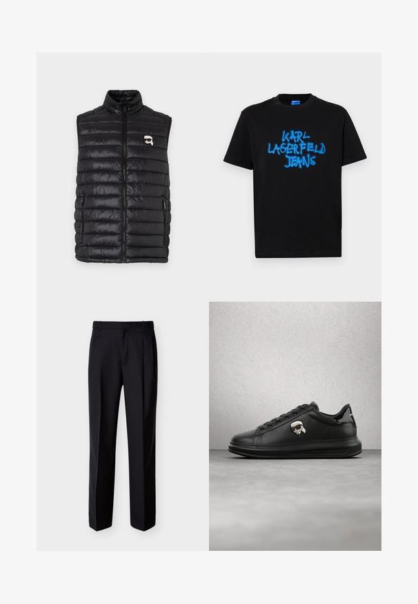 Schwarze gepolsterte Weste mit hohem Kragen, durchgehendem Reißverschluss, zwei Seitenfächern und einem kleinen Logo auf der Brust. Glattes, leichtes Material.; Schwarzes Baumwoll-T-Shirt mit kurzen Ärmeln, das auf der Vorderseite in fettem Graffiti-Stil mit blauer Sprühfarbe den Schriftzug "KARL LAGERFELD JEANS" präsentiert.; Schwarze, maßgeschneiderte Hose mit geradem Schnitt, Falten vorne und seitlichen Taschen. Hergestellt aus einem glatten, leichten Stoff mit einfarbigem Muster.; Person trägt schwarze Lederhosen und schwarze Sneakers mit einem kleinen Comic-Charakter-Anhänger an der Seite, steht auf einem Holzboden.