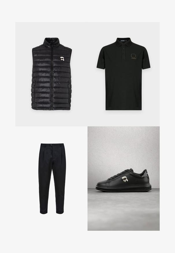 Gilet rembourré noir avec col montant, fermeture zip sur le devant, deux poches latérales et un petit logo sur la poitrine. Matière lisse et légère.; Polo noir à manches courtes avec trois boutons et petit motif doré en contour d'un visage portant des lunettes de soleil sur la poitrine gauche.; Pantalons noirs en tissu lisse, avec un devant plissé, une coupe fuselée et des ourlets roulés. Fermeture par bouton simple à la taille.; Personne portant un pantalon en cuir noir et des baskets noires avec un petit accessoire personnage de dessin animé sur le côté, debout sur un sol en bois.