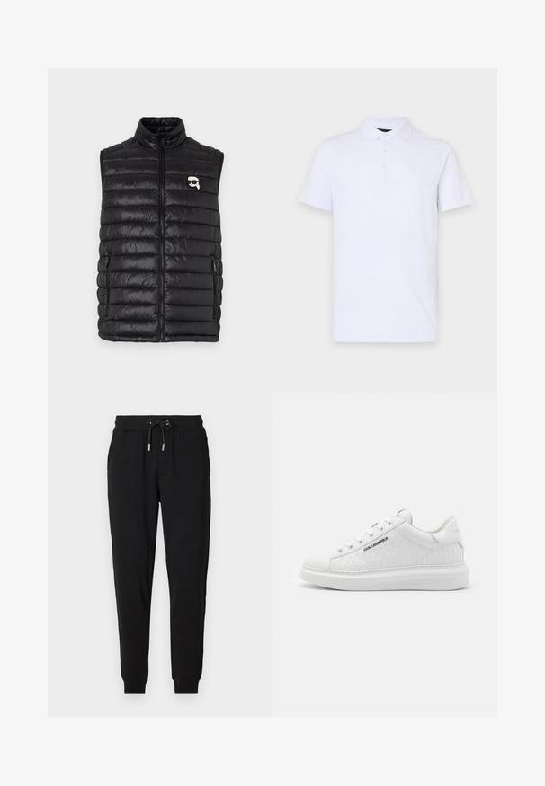 Gilet rembourré noir avec col montant, fermeture zip sur le devant, deux poches latérales et un petit logo sur la poitrine. Matière lisse et légère.; Polo shirt blanc en coton doux, avec un col classique, une patte de boutonnage à trois boutons et un petit logo en relief sur la poitrine.; Pantalons de survêtement noirs avec une taille élastique, cordon de serrage ajustable, poches latérales et jambes fuselées. Fabriqués en tissu doux et extensible.; Baskets blanches en cuir lisse avec motif gaufré. Présentent un bout rond, un laçage à l'avant et une semelle texturée. Détail du logo argenté sur le côté.