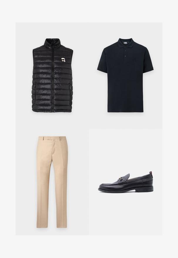 Sort polstret vest med høj krave, frontlynlås, to sidelommer og et lille logo på brystet. Glat, let materiale.; Marine polo shirt lavet af bomuld, med en klassisk krave, tre knapper og et broderet logo på venstre bryst. Korte ærmer, glat tekstur.; Beige skræddersyede bukser med en glat tekstur, flad front og lige ben. Har bæltestropper og en skjult lynlås.; Sort lædermokasin med grå tekstureret forfod, sølvfarvet metalspænde, lav hæl og trækflap bagpå.