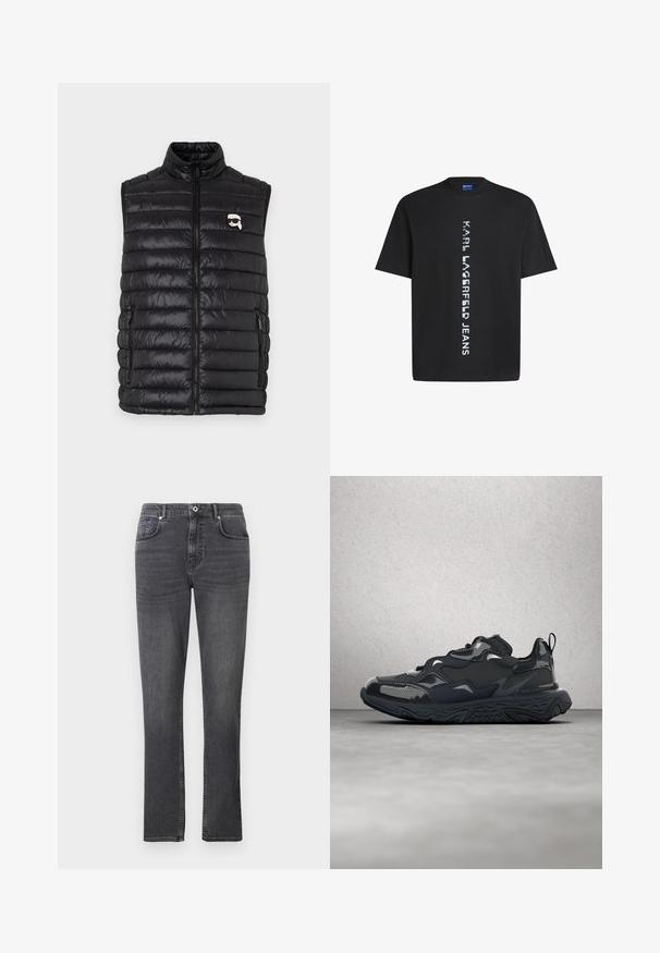 Sort polstret vest med høj krave, frontlynlås, to sidelommer og et lille logo på brystet. Glat, let materiale.; Sort bomuld t-shirt med lodrette hvide bogstaver, der står "KARL LAGERFELD JEANS." Klassisk crew neck og kortærmede. Glat tekstur.; Grå denimbukser med lige ben, fem lomme-design og subtile syninger. Stoffet har en glat tekstur.; Sort løbesko med tekstureret overdel, glatte detaljer og en chunky sål med bølgemønster, designet for komfort og holdbarhed.