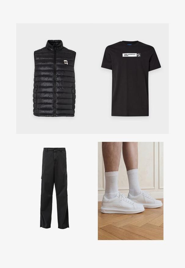 Chaleco acolchado negro con cuello alto, cierre frontal con cremallera, dos bolsillos laterales y un pequeño logo en el pecho. Material suave y ligero.; Camiseta de algodón negra con mangas cortas que presenta una etiqueta gráfica de texto blanco que dice "KARL LAGERFELD JEANS" y un logotipo, con cuello redondo.; Pantalones cargo negros con corte recto, cierre de botón y bolsillos laterales. Tejido suave con un acabado mate y sin patrones visibles.; Piernas con calcetines blancos acanalados y zapatillas blancas Karl Lagerfeld, de pie sobre un suelo de parquet de madera clara.