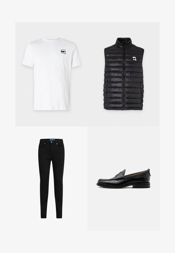 Schwarze gepolsterte Weste mit hohem Kragen, durchgehendem Reißverschluss, zwei Seitenfächern und einem kleinen Logo auf der Brust. Glattes, leichtes Material.; Weiße Baumwoll-T-Shirt mit einem kleinen schwarz-weißen Grafikdesign auf der linken Brustseite. Klassischer Rundhalsausschnitt und kurze Ärmel.; Schwarze Slim-Fit-Jeans aus Denim, mit einem Fünf-Taschen-Design, Knopfverschluss und kontrastierendem blauen Etikett am Bündchen.; Schwarzer Leder-Herrenschuh mit Mokassinnaht, Penny-Riemen, strukturiertem Kragen und niedrigem gestapeltem Absatz auf weißem Hintergrund.