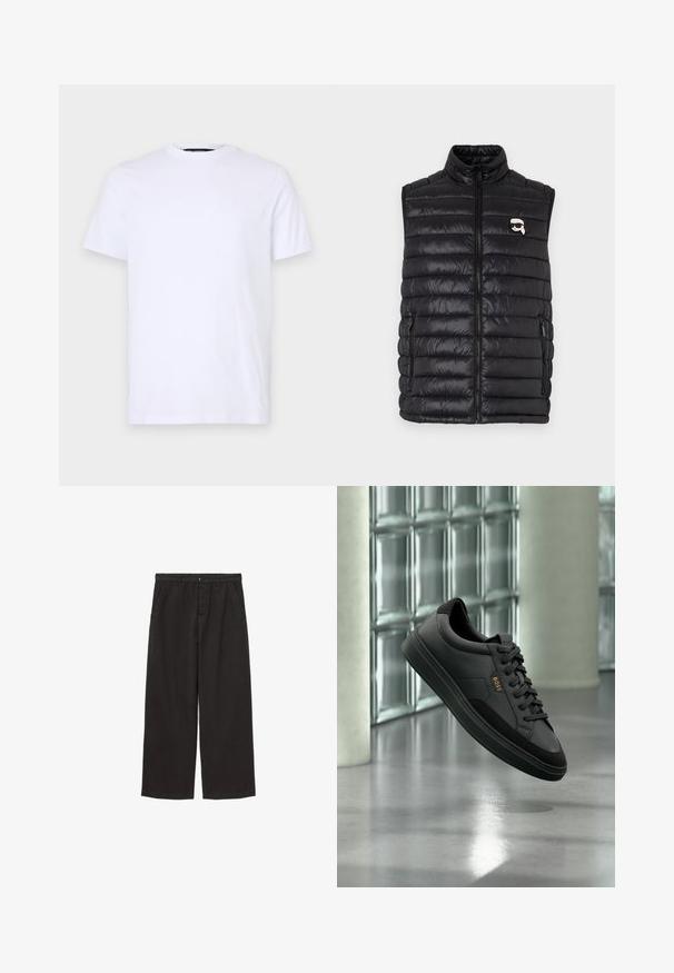 Schwarze gepolsterte Weste mit hohem Kragen, durchgehendem Reißverschluss, zwei Seitenfächern und einem kleinen Logo auf der Brust. Glattes, leichtes Material.; Weißes Baumwoll-T-Shirt mit kurzen Ärmeln, rundem Halsausschnitt, mit einem dezenten eingeprägten Logo auf der linken Brust, glatte Textur.; Schwarze weite Hosen aus Baumwolle, mit einem Knopfverschluss, zwei Seitentaschen und einer glatten Textur mit klaren Linien.; Schwarzer Leder-Sneaker im Low-Top-Stil mit schwarzen Schnürsenkeln und goldenem "BOSS"-Logo, in der Luft vor einer Glasbausteinwand und grauem Boden gezeigt.