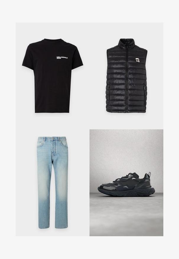 Gilet rembourré noir avec col montant, fermeture zip sur le devant, deux poches latérales et un petit logo sur la poitrine. Matière lisse et légère.; T-shirt noir en coton, avec un col ras du cou et des manches courtes. Texte logo blanc notable sur la zone de la poitrine gauche. Design simple.; Jeans bleu clair fabriqués en denim, présentant un design à jambe droite, une structure à cinq poches et un effet délavé au niveau des cuisses.; Chaussure de course noire avec une tige texturée, des accents lisses et une semelle épaisse à motif ondulé, conçue pour le confort et la durabilité.