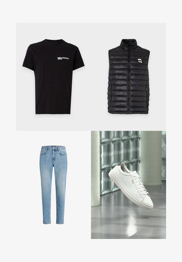 Zwarte gewatteerde vest met hoge halslijn, voorkant met ritssluiting, twee zijzakken en een klein logo op de borst. Gladde, lichtgewicht stof.; Zwarte T-shirt van katoen, met een ronde hals en korte mouwen. Opvallende witte logo-tekst op de linkerkant van de borst. Eenvoudig ontwerp.; Lichtblauwe denim jeans met een relaxed fit, vijf zakken ontwerp en subtiele wassing. Bevat een merklabel nabij de taille.; Witte leren lage sneaker met veters, zwarte hielstrook en "BOSS"-logo, zwevend binnenshuis bij een glazen stenen muur en gepolijste vloer.